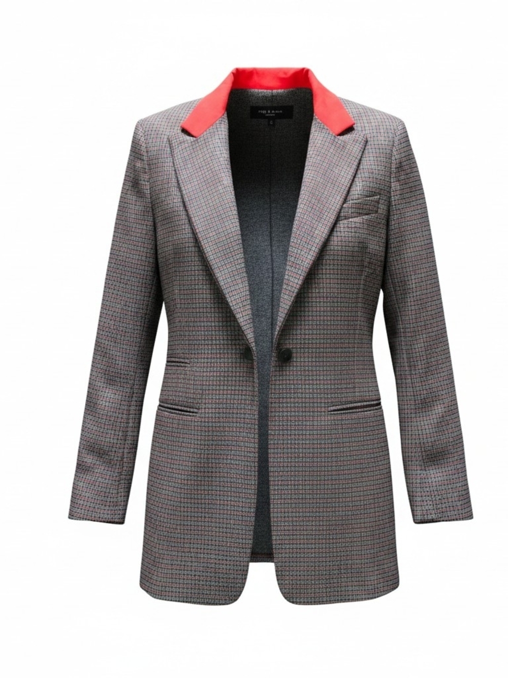 rag & bone Oversized Gray Plaid Blazer with Coral-Red Collar